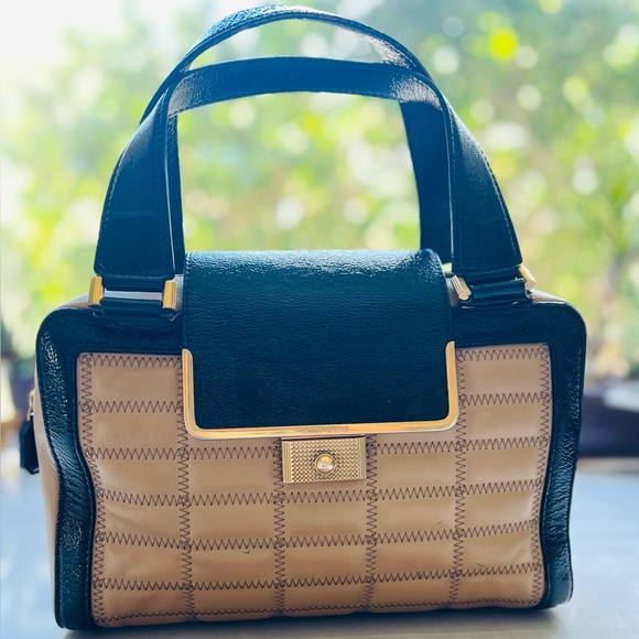 JIMMY CHOO CASSIDY SATCHEL- Beige Quilted w Black Patent Leather Trim & Handles,All Products : American Fashion Style Bags On Sale